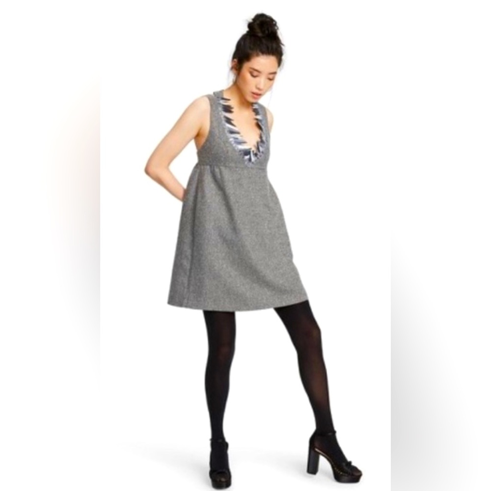 Anna Sui Women’s Grey Wool Blend Tweed V-neck, Cut-Out A-Line Dress Size 1.